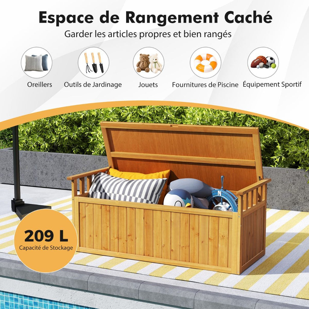 Banc de Rangement en Bois Banc d'Extérieur à 2 Places de 209 L avec Accoudoirs Coffre de Stockage en Bois Charge 100KG Naturel -