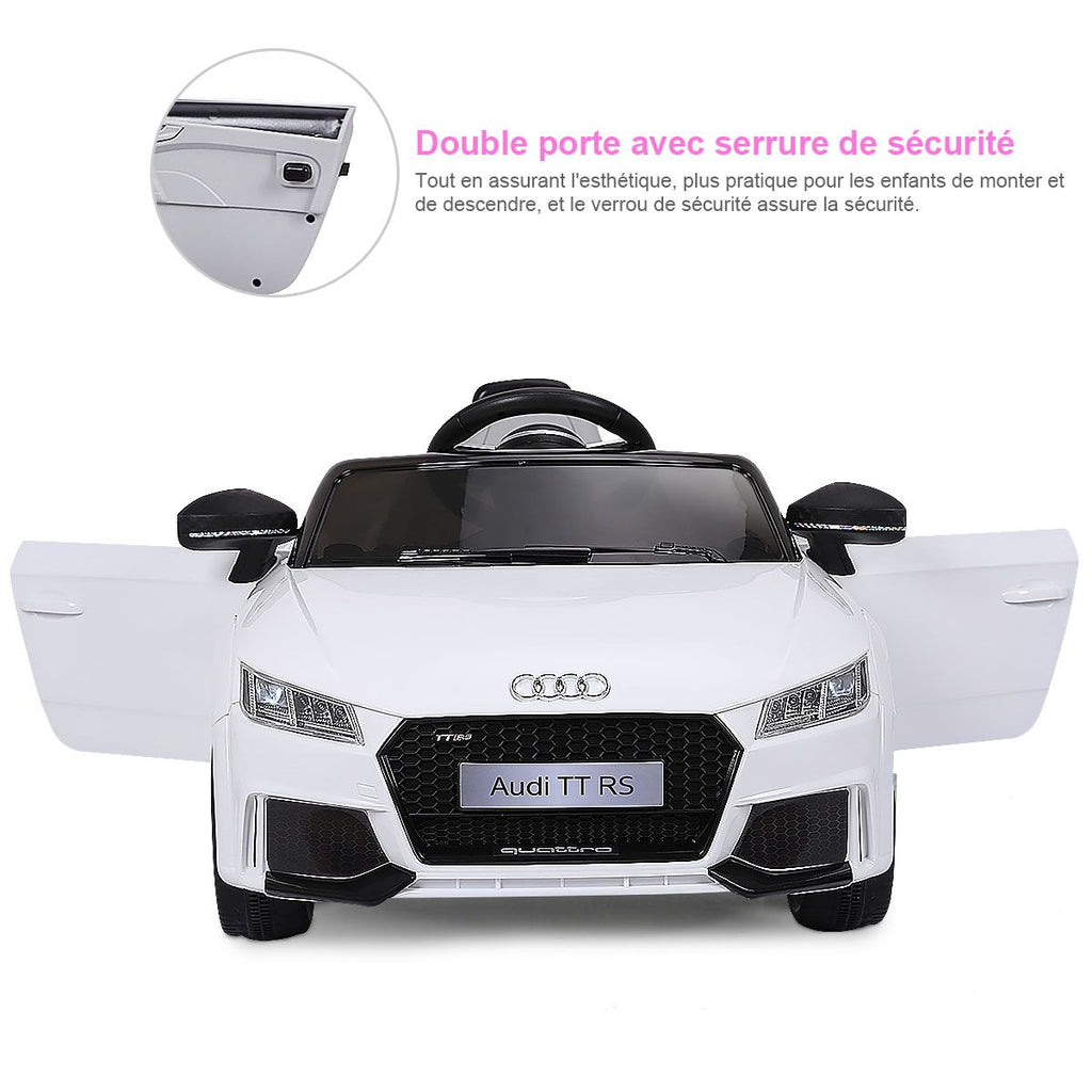 Voiture TTRS Electrique pour Enfants 12V Max. 5 Km/h Double Porte avec Télécommande 2.4G Blanc/Rouge -
