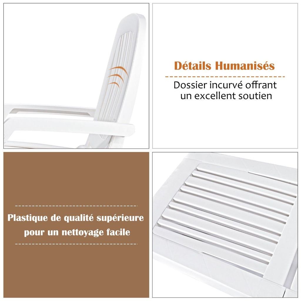 Chaise Longue Inclinable Réglable à 5 Positions avec Roues Flexibles Fauteuil Relax de Camping avec Boîte de Rangement Charge 150KG Blanc -