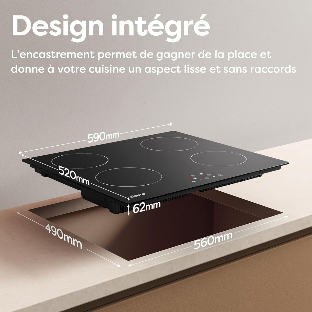 CIARRA Plaque à Induction 4 Feux 6000W - Commande Tactile - Plaque de Cuisson Encastrable - 9 Niveaux de Puissance- Minuteur - Verrouillage Enfant - CABBIH4-D