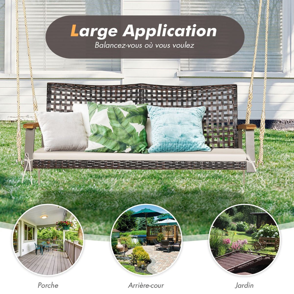 Banc Suspendu de Jardin en Rotin 2 Place Accoudoirs en Bois d'Acacia Cadre en Métal Coussin Cordes Crochets Blanc/Noir -