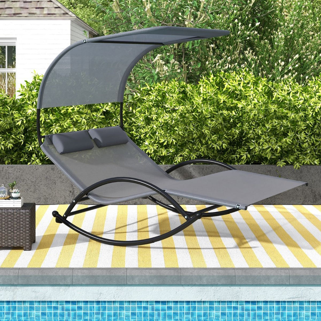 Chaise Longue Double Chaise à Bascule pour 2 Personnes 2 Appui-Têtes Amovibles Cadre en Métal Robuste Lit de Repos Ergonomique 2 Places Gris/Noir/Beige -
