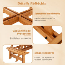 Load image into Gallery viewer, Ensemble Table de Pique-Nique en Bois pour 2  8 Personnes Set Table et Banc Circulaire avec 4 Bancs Intgrs Trou de Parasol de 5cm Marron/Jaune -