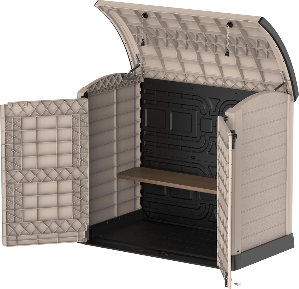 Duramax StoreAway 1200L Plastic Garden Shed/ Flat Lid,Outdoor Storage Shed,Wheelie Bin Hideaways,Wheelie bin box,Durable Construction,Ideal for Bikes,BBQs & 2x 240L Bins,145x85x125 cm,Brown