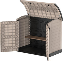 Load image into Gallery viewer, Duramax StoreAway 1200L Plastic Garden Shed/ Flat Lid,Outdoor Storage Shed,Wheelie Bin Hideaways,Wheelie bin box,Durable Construction,Ideal for Bikes,BBQs &amp; 2x 240L Bins,145x85x125 cm,Brown