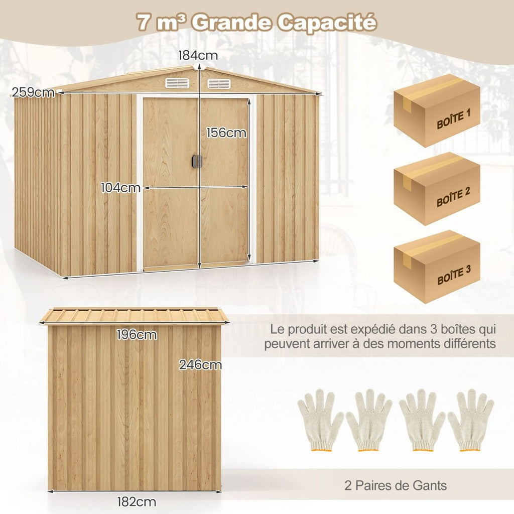 Abri de Rangement 259cm x196cm avec Base de Fondation Maison à Outils en Métal Galvanisé avec 4 Aérations Imperméable et Coupe-vent Naturel -