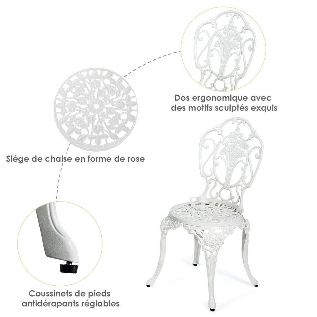 Ensemble Table et 2 Chaises pour Jardin en Aluminium en Forme de Rose Blanc Rsistant aux Intempries -