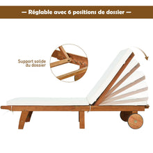 Load image into Gallery viewer, Chaise Longue Pliable en Bois avec 2 Roues et un Coussin Amovible Dossier Rglable Capacit Portante 160KG Idal pour L檈xtrieur -