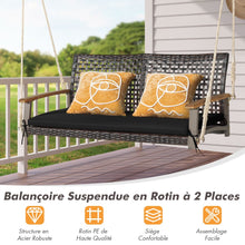 Load image into Gallery viewer, Banc Suspendu de Jardin en Rotin 2 Place Accoudoirs en Bois d'Acacia Cadre en Mtal Coussin Cordes Crochets Blanc/Noir -