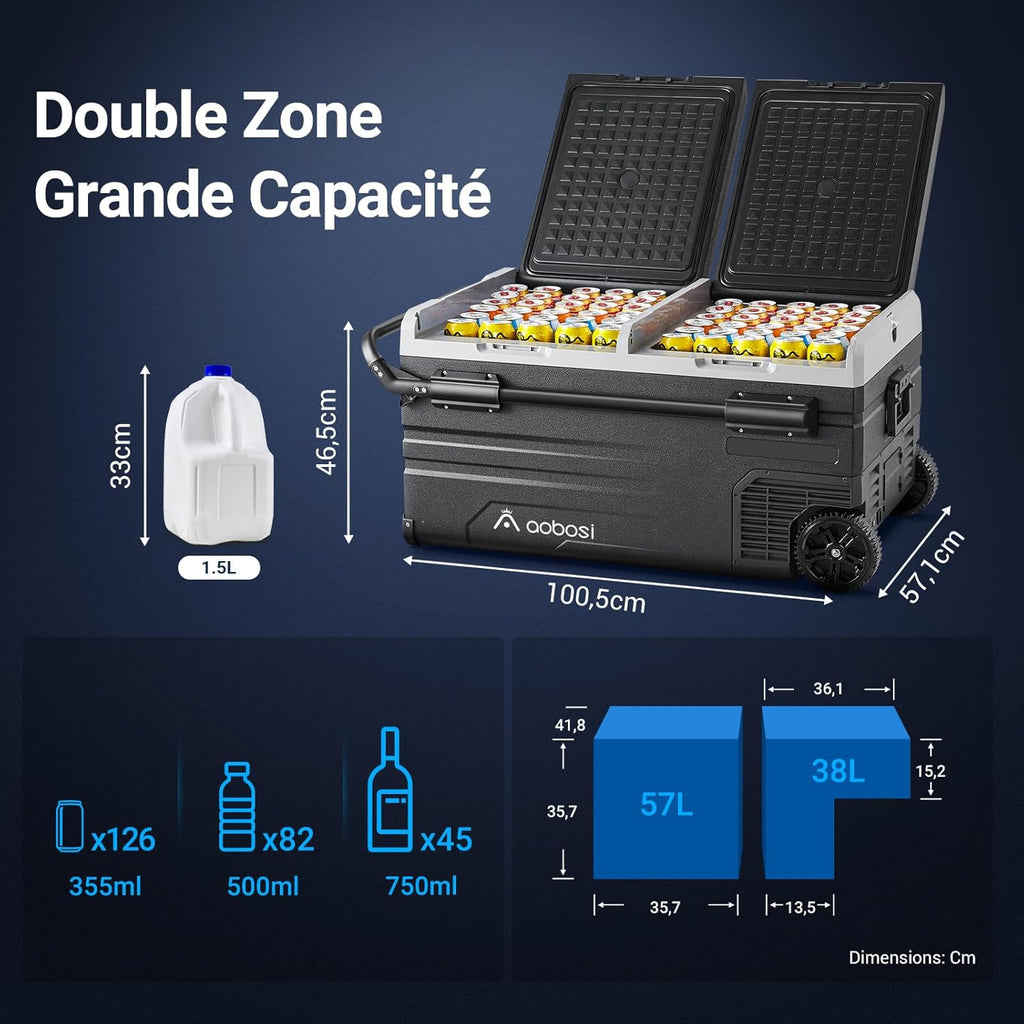 115L Glaciere Electrique Double Zone,Glaciere a Compression WiFi APP,12 V/24 V et 100-240 V Frigo Camping,-20 鈩 20 鈩pour Voiture,Camion,Bateau,Camping,Car,Caravanes,Voyageant,Maison