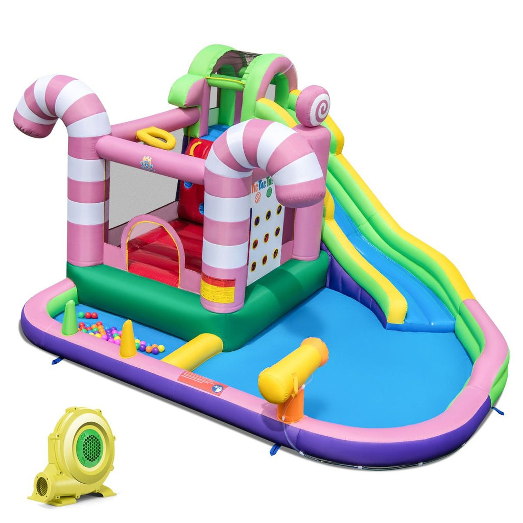 9 en 1 Ch芒teau Gonflable en Forme Bonbons avec Toboggan Maison de Saut Gonflable avec Pistolet  Eau Charge 90kg pour 2 Enfants de 3-10 Ans -