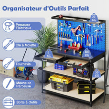 Load image into Gallery viewer, Établi de Bricolage 121 x 61 cm Table de Travail en Métal de 230 kg avec 3 Panneaux Perforés 24 Accessoires de Suspension Noir/Bleu Marine -