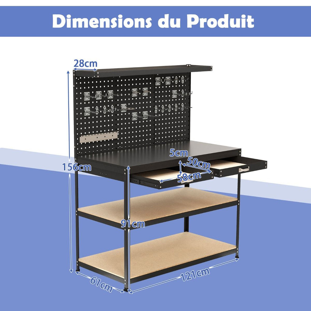 Établi de Bricolage 121 x 61 cm Table de Travail en Métal de 230 kg avec 3 Panneaux Perforés 24 Accessoires de Suspension Noir/Bleu Marine -