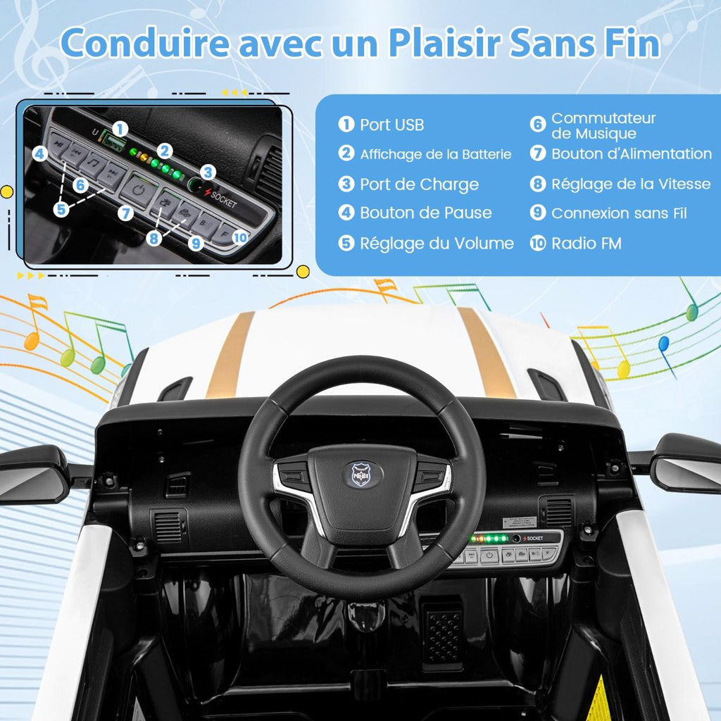 Voiture de Police Electrique Alimentée par Batterie 12 V/7 A Télécommande Connexion Sans Fil Musique Klaxon Sirène Lumières LED Blanc -