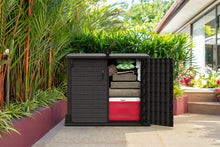 Load image into Gallery viewer, Duramax StoreAway 1200L Plastic Garden Shed/ Flat Lid,Outdoor Storage Shed,Wheelie Bin Hideaways,Wheelie bin box,Durable Construction,Ideal for Bikes,BBQs &amp; 2x 240L Bins,145x85x125 cm,Brown