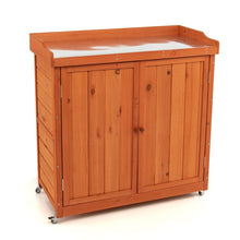 Load image into Gallery viewer, Costwy Rangement de Jardin Armoire en Bois Table de Jardinage avec Etagère Amovible 4 Roues Universelles Plateau en Acier Galvanisé -