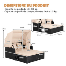 Load image into Gallery viewer, Chaise Longue à 2 Places en Rotin avec Auvent Rétractable Bain de Soleil avec Panneaux Latéraux Pliables Charge 360KG Beige/Gris -