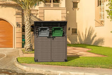 Load image into Gallery viewer, Duramax StoreAway 1200L Plastic Garden Shed/ Flat Lid,Outdoor Storage Shed,Wheelie Bin Hideaways,Wheelie bin box,Durable Construction,Ideal for Bikes,BBQs &amp; 2x 240L Bins,145x85x125 cm,Brown