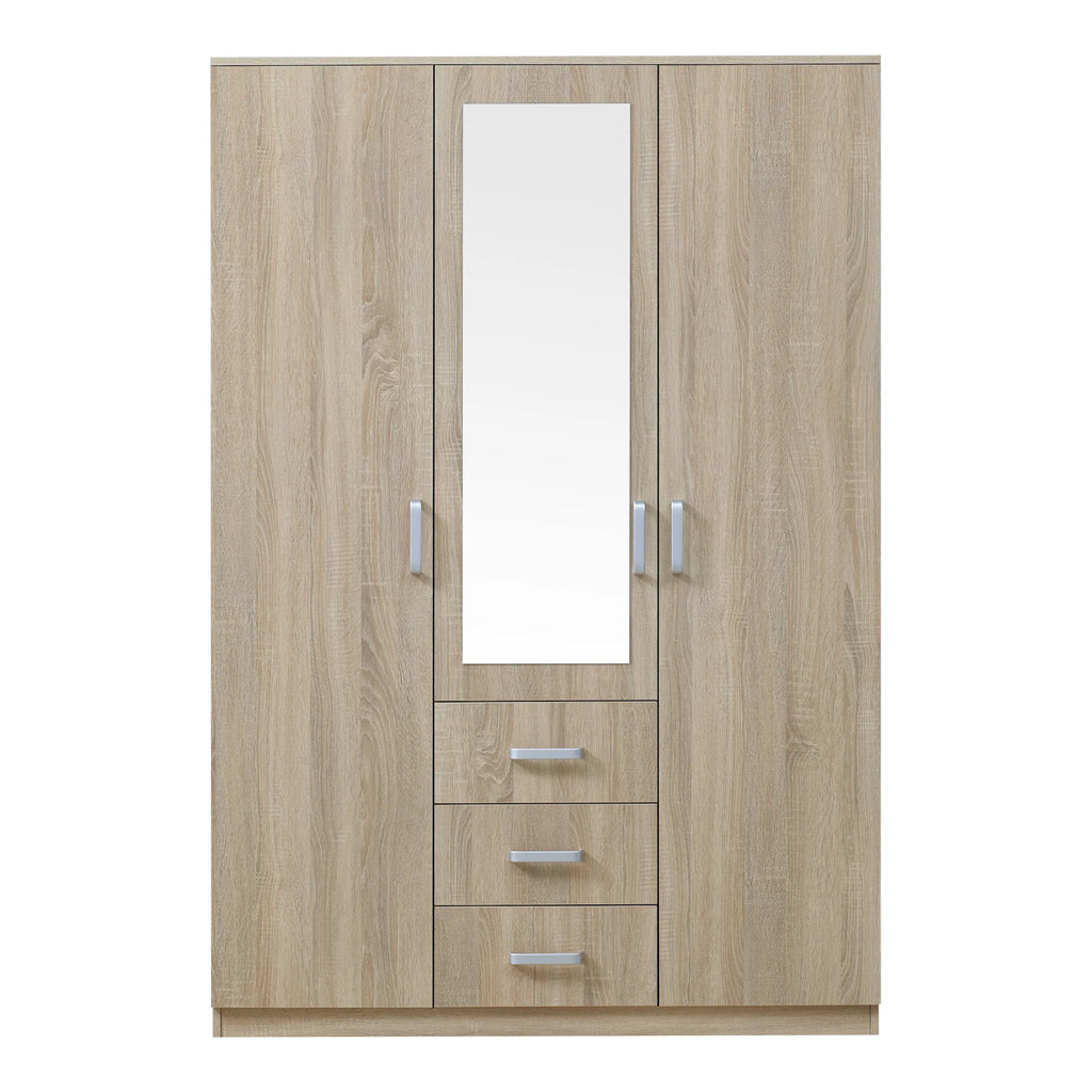 Armoire de chambre garde-robe moderne meuble de rangement intemporel 5 tagres 3 tiroirs + miroir MDF 176 x 120 x 52 cm effet ch锚ne sonoma 03_0006369