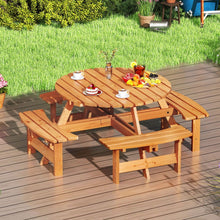 Load image into Gallery viewer, Ensemble Table de Pique-Nique en Bois pour 2  8 Personnes Set Table et Banc Circulaire avec 4 Bancs Intgrs Trou de Parasol de 5cm Marron/Jaune -