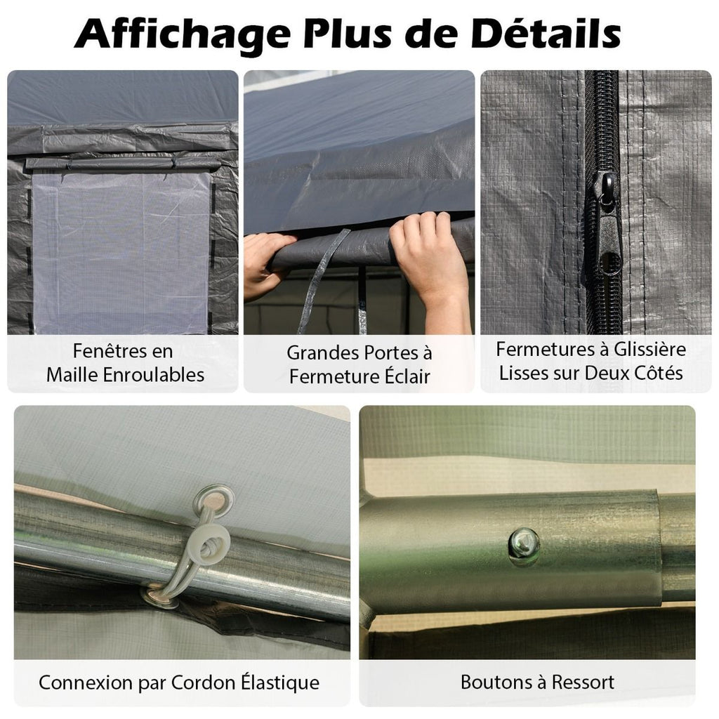 Abri de Voiture 595 x 300 cm Extérieur Tente de Garage avec 8 Parois Latérales Amovibles Portes Enroulables Fenêtres Ventilées Gris -