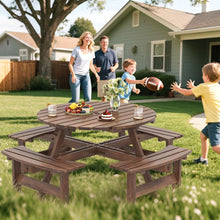 Load image into Gallery viewer, Ensemble Table de Pique-Nique en Bois pour 2 à 8 Personnes Set Table et Banc Circulaire avec 4 Bancs Intégrés Trou de Parasol de 5cm Marron/Jaune -