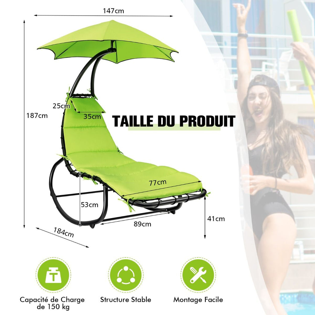 Bain de Soleil  Bascule Transat Suspendu avec Pare-Soleil & Coussin Hamac Charge 150KG 184 cm x 147 cm x 187 cm Vert -