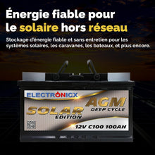 Load image into Gallery viewer, Batterie Solaire AGM 12V 100Ah Décharge Profonde sans Entretien pour Camping-Car, Voiture, Bateau, Jardin et Systèmes Solaires Autonomes Batterie Énergie Electronicx Solar Edition