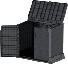 Load image into Gallery viewer, Duramax StoreAway 1200L Plastic Garden Shed/ Flat Lid,Outdoor Storage Shed,Wheelie Bin Hideaways,Wheelie bin box,Durable Construction,Ideal for Bikes,BBQs &amp; 2x 240L Bins,145x85x125 cm,Brown