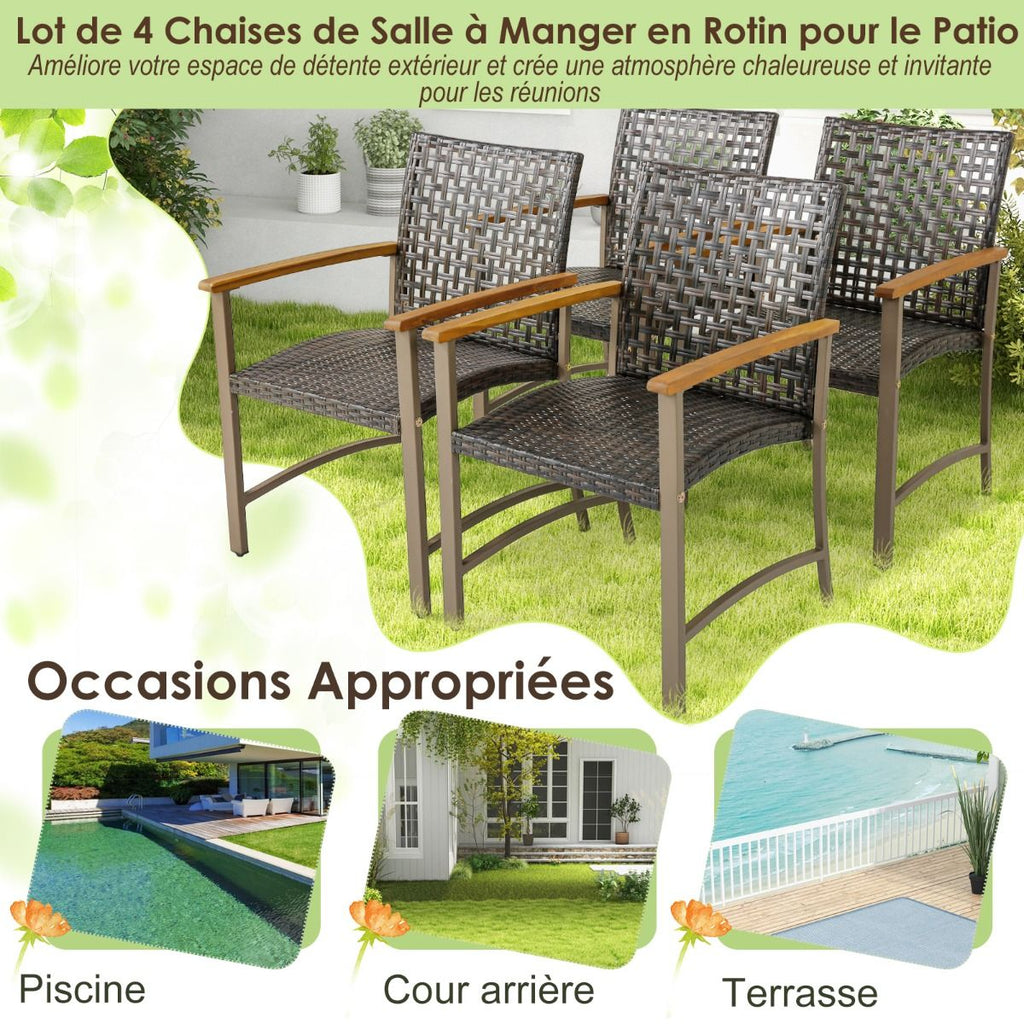 Ensemble de 4 Chaises en Rotin pour l'Extrieur Chaises avec Accoudoirs en Bois d'Acacia Structure Mtallique Robuste Chaises Ergonomiques -