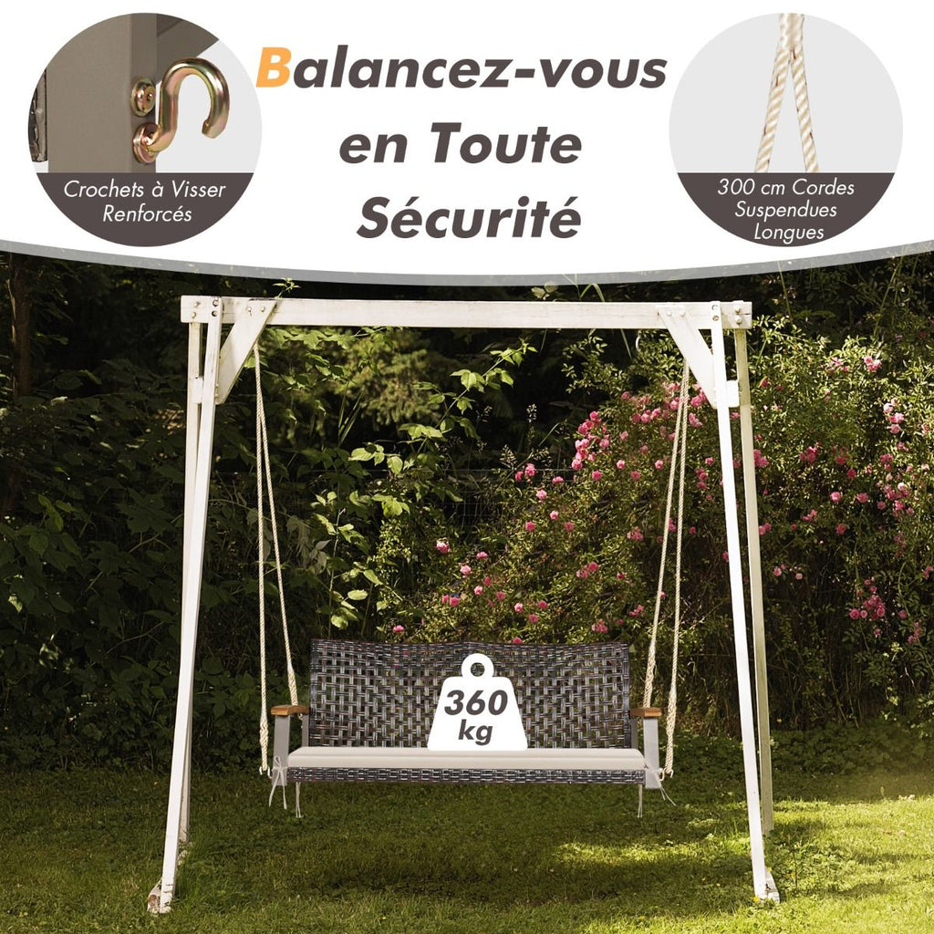 Banc Suspendu de Jardin en Rotin 2 Place Accoudoirs en Bois d'Acacia Cadre en Métal Coussin Cordes Crochets Blanc/Noir -
