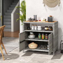 Load image into Gallery viewer, Armoire de Rangement Exterieur en Rotin Armoire de Jardin avec Plateau en Bois d'Acacia Compartiment Ouvert Buffet à 2 Portes -