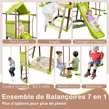 Load image into Gallery viewer, Balanoire 7-en-1 Aire de Jeu en Mtal avec Fort Couvert Rglable en Hauteur Corde d'Escalade Bac  Sable Glisseur Toboggan Ondul Vert -