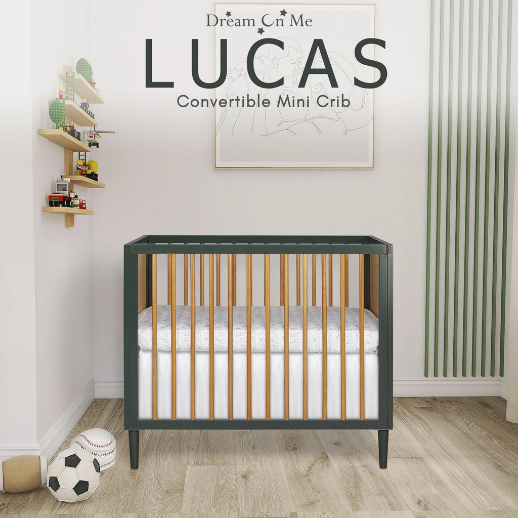 Dream on Me Lucas Mini Modern Crib with Rounded Spindles I Convertible Crib I Mid - Century Meets Modern I Portable Crib