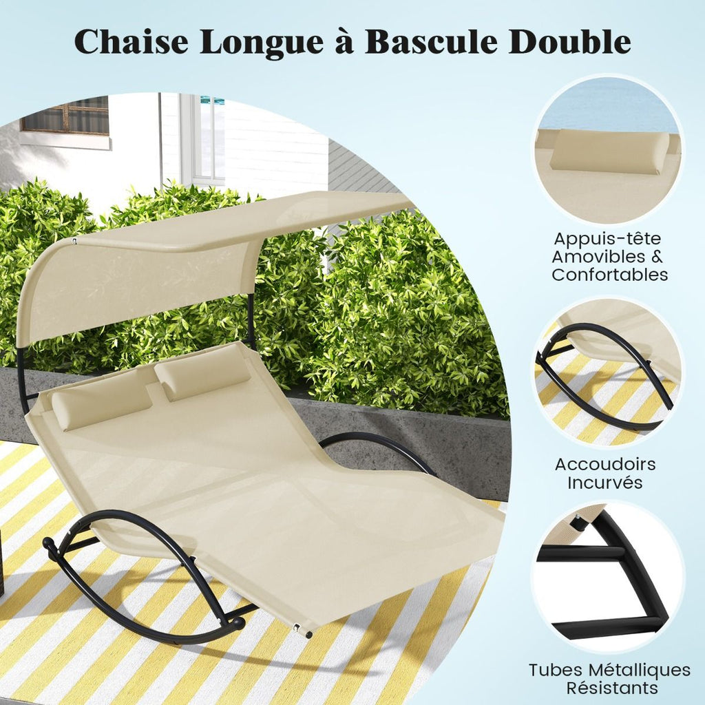Chaise Longue Double Chaise à Bascule pour 2 Personnes 2 Appui-Têtes Amovibles Cadre en Métal Robuste Lit de Repos Ergonomique 2 Places Gris/Noir/Beige -