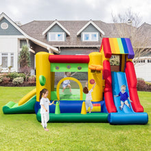 Load image into Gallery viewer, Château Gonflable à Thème Arc-en-ciel 7 en 1 avec Ventilateur Double Toboggans Piscine à Balles Panier de Basket Charge 90kg -