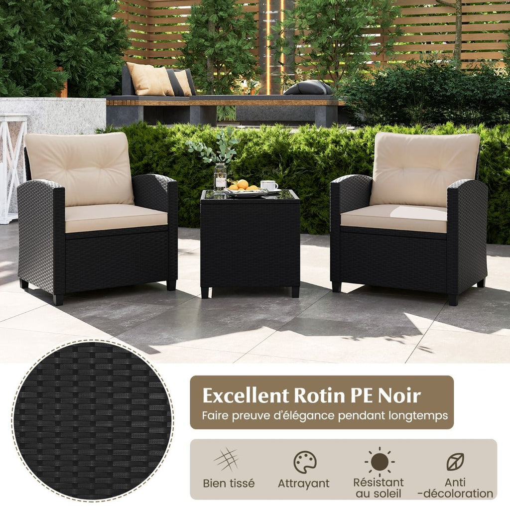 Ensemble de Meubles 3 Pices de Patio en Rotin Charge 180KG Salon de Jardin 2 Fauteuils Table Basse avec Plateau Noir/Beige/Blanc -