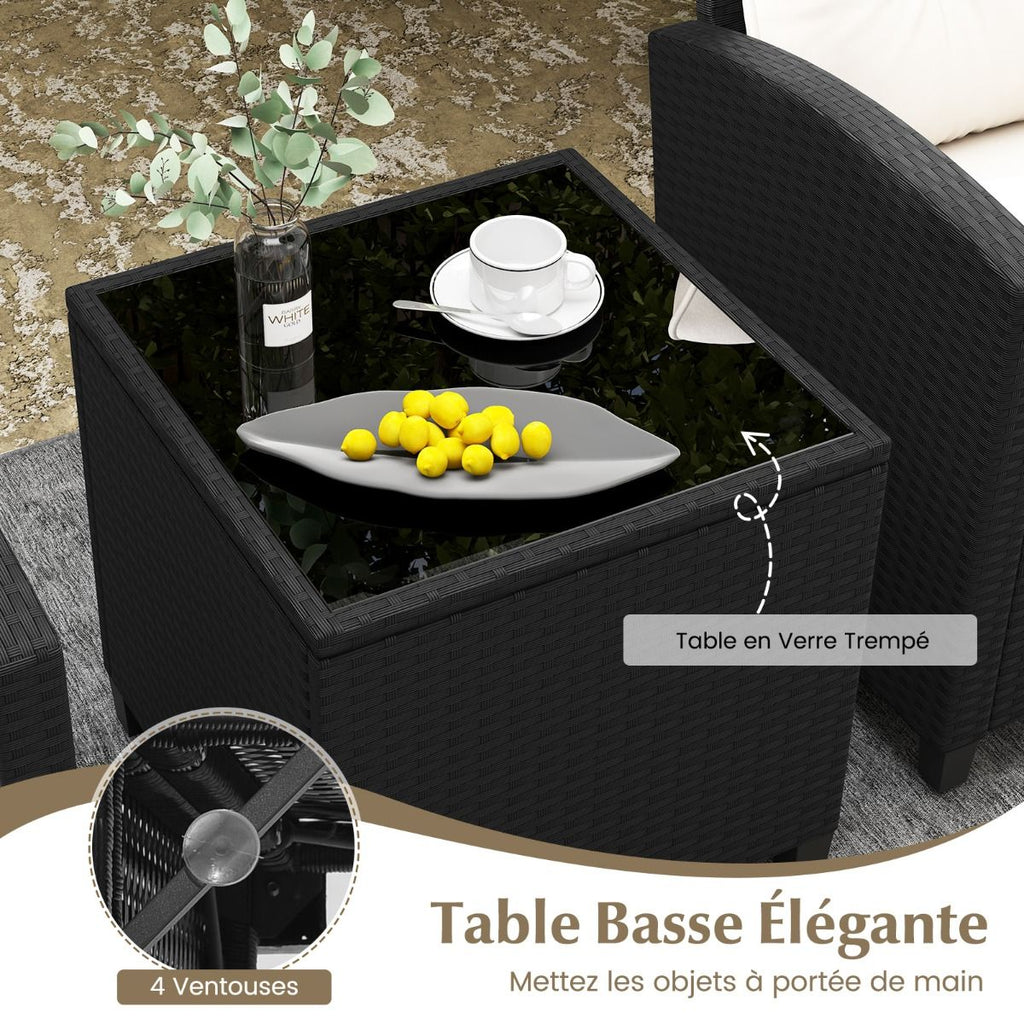Ensemble de Meubles 3 Pices de Patio en Rotin Charge 180KG Salon de Jardin 2 Fauteuils Table Basse avec Plateau Noir/Beige/Blanc -