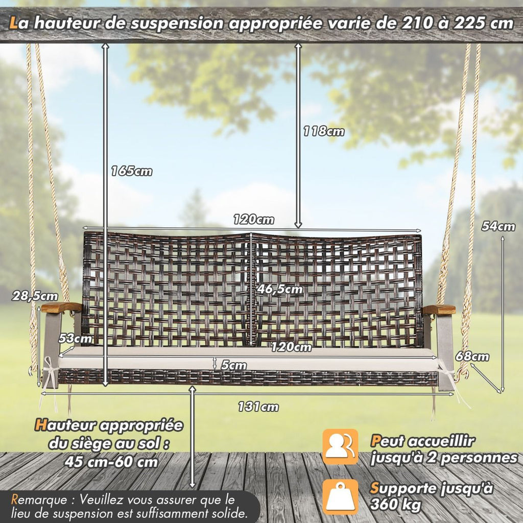 Banc Suspendu de Jardin en Rotin 2 Place Accoudoirs en Bois d'Acacia Cadre en Métal Coussin Cordes Crochets Blanc/Noir -