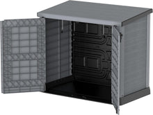 Load image into Gallery viewer, Duramax StoreAway 1200L Plastic Garden Shed/ Flat Lid,Outdoor Storage Shed,Wheelie Bin Hideaways,Wheelie bin box,Durable Construction,Ideal for Bikes,BBQs &amp; 2x 240L Bins,145x85x125 cm,Brown