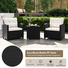 Load image into Gallery viewer, Ensemble de Meubles 3 Pièces de Patio en Rotin Charge 180KG Salon de Jardin 2 Fauteuils Table Basse avec Plateau Noir/Beige/Blanc -