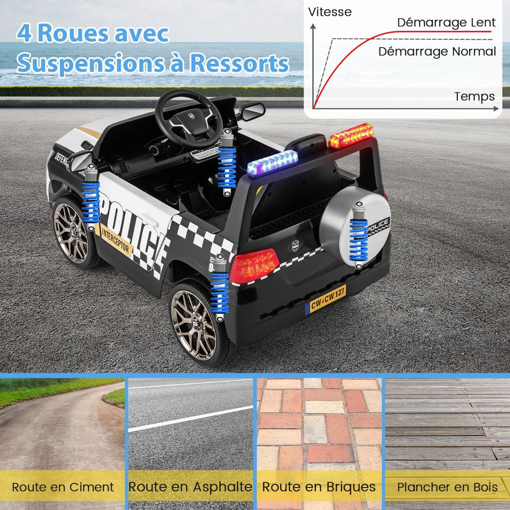 Voiture de Police Electrique Alimente par Batterie 12 V/7 A Tlcommande Connexion Sans Fil Musique Klaxon Sirne Lumires LED Blanc -