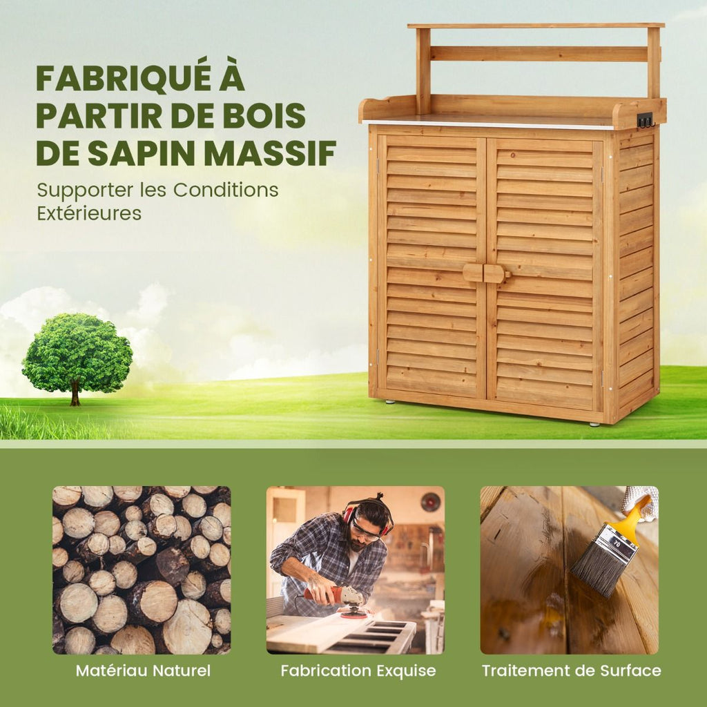 Banc d'Empotage d'Extérieur Table de Jardinage avec Comptoir en Métal Galvanisé 3 Crochets de Suspension Etagères Amovibles Naturel -