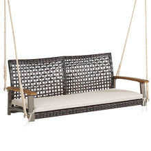 Load image into Gallery viewer, Banc Suspendu de Jardin en Rotin 2 Place Accoudoirs en Bois d'Acacia Cadre en Métal Coussin Cordes Crochets Blanc/Noir -