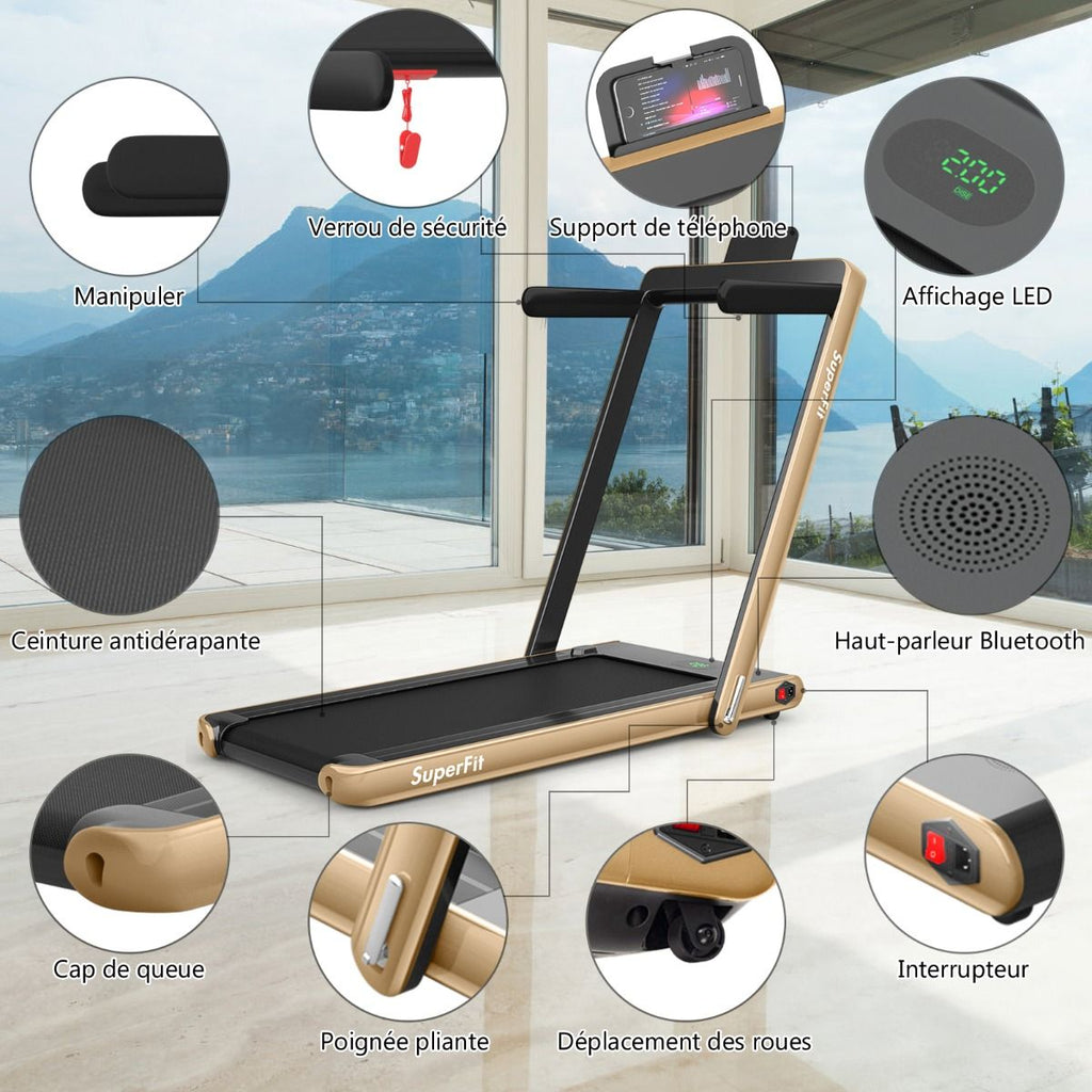 2 en 1 Tapis de Course Electrique Pliable 1 à 12 Km/H avec Haut-parleur Bluetooth Télécommande Moteur 0,75HP Vert/Blanc/Noir/Rouge/Or/Noir et Argenté/Bleu -