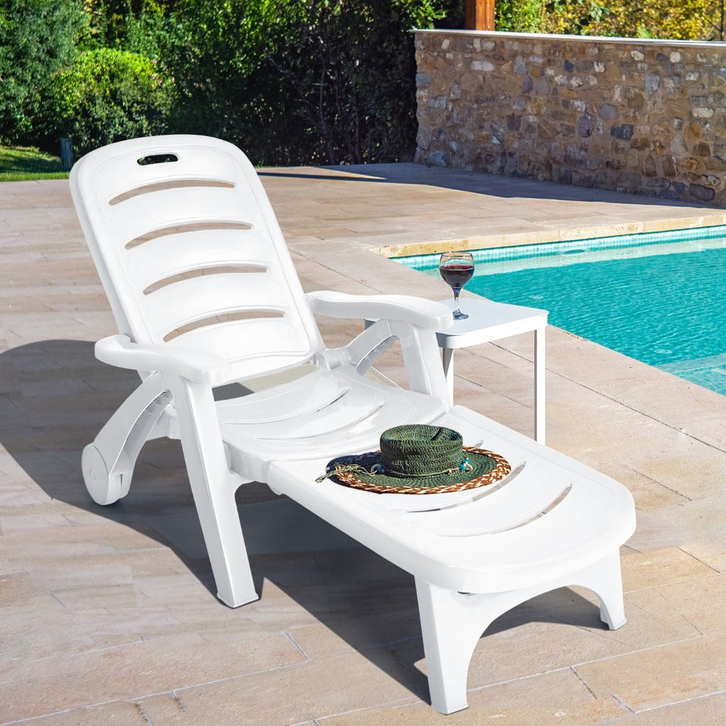 Chaise Longue Pliable Dossier Inclinable à 5 Positions avec Roues Intégrées pour Terrasse Jardin Piscine 150 kg Gris/Blanc/Bleu -