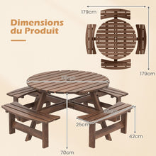 Load image into Gallery viewer, Ensemble Table de Pique-Nique en Bois pour 2 à 8 Personnes Set Table et Banc Circulaire avec 4 Bancs Intégrés Trou de Parasol de 5cm Marron/Jaune -