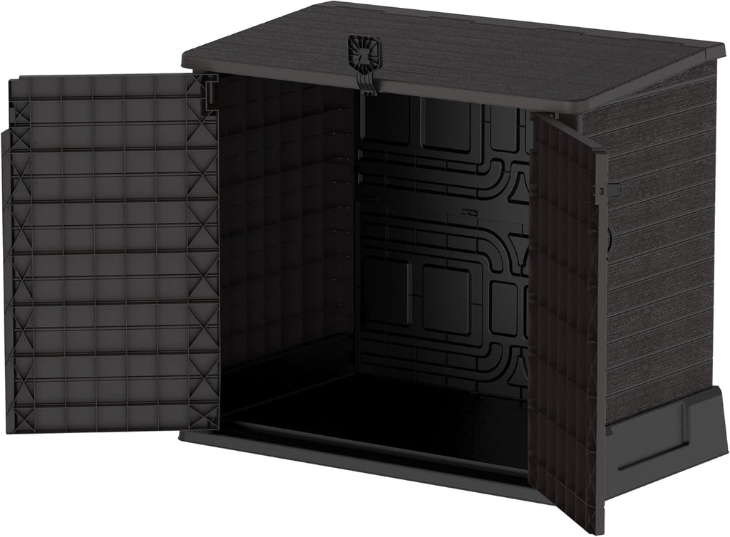 Duramax StoreAway 1200L Plastic Garden Shed/ Flat Lid,Outdoor Storage Shed,Wheelie Bin Hideaways,Wheelie bin box,Durable Construction,Ideal for Bikes,BBQs & 2x 240L Bins,145x85x125 cm,Brown