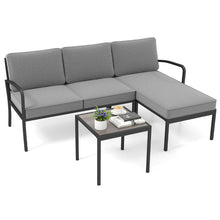 Load image into Gallery viewer, Ensemble Salon de Jardin 3 Pièces Ensemble de Canapé Rembourré d’Extérieur avec Table Basse Cadre en Métal Robuste Gris -