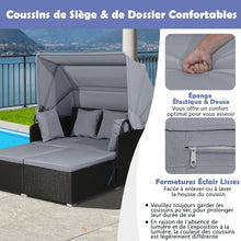 Load image into Gallery viewer, Chaise Longue à 2 Places en Rotin avec Auvent Rétractable Bain de Soleil avec Panneaux Latéraux Pliables Charge 360KG Beige/Gris -
